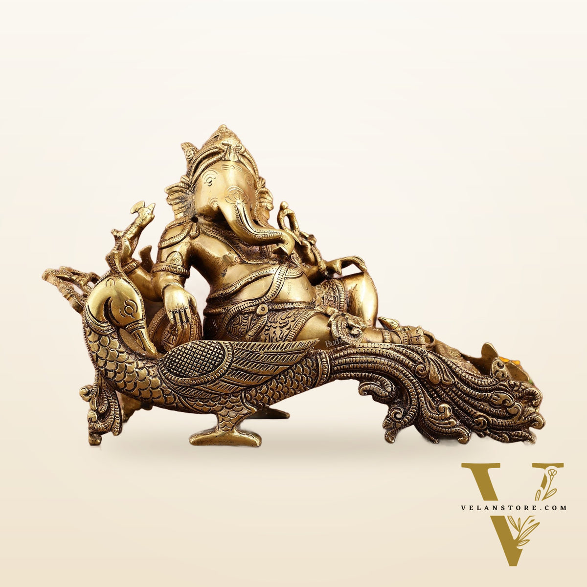 Brass Lord Ganapathi Statue on Peacock Throne | 11.5 -inch