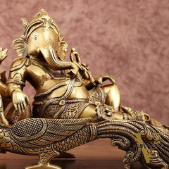 Brass Lord Ganapathi Statue on Peacock Throne | 11.5 -inch