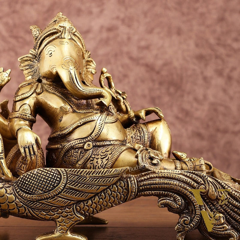 Brass Lord Ganapathi Statue on Peacock Throne | 11.5 -inch