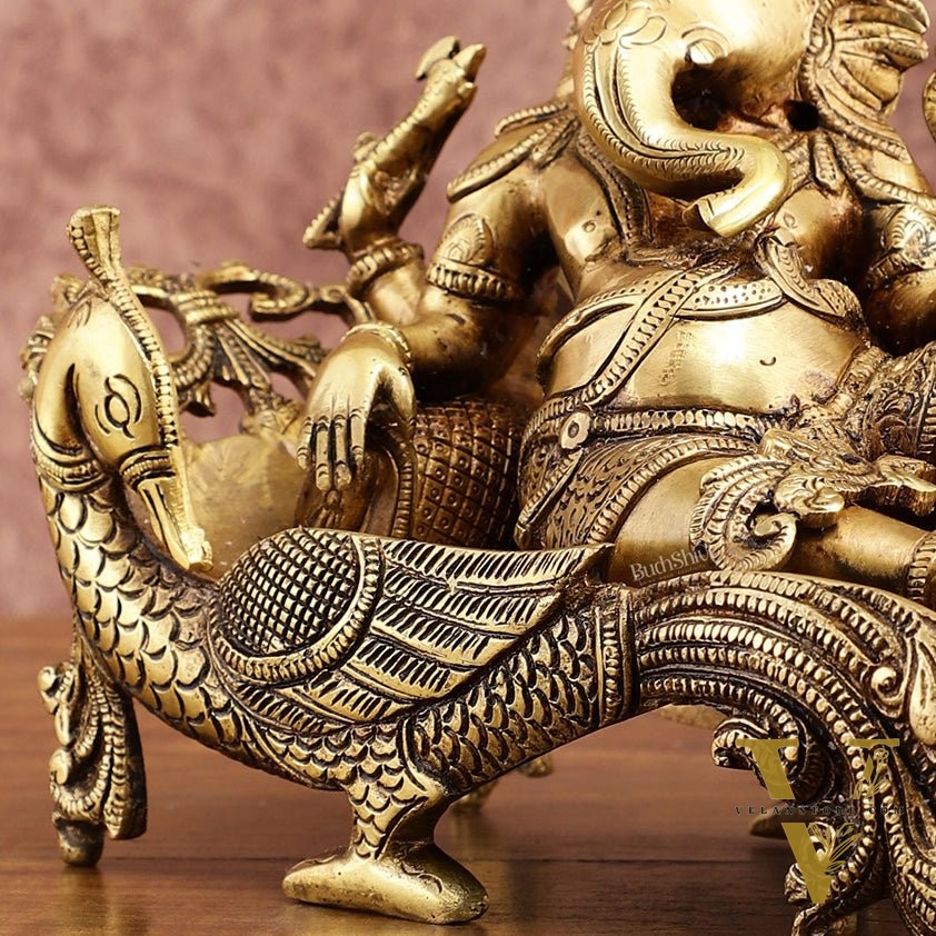 Brass Lord Ganapathi Statue on Peacock Throne | 11.5 -inch