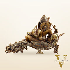 Brass Lord Ganapathi Statue on Peacock Throne | 11.5 -inch