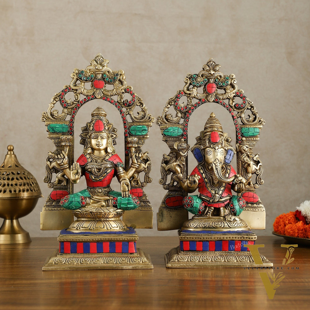 Brass Lord Ganesha and Goddess Lakshmi Idols with meenakari Stonework 12 inch