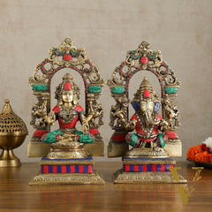 Brass Lord Ganesha and Goddess Lakshmi Idols with meenakari Stonework 12 inch
