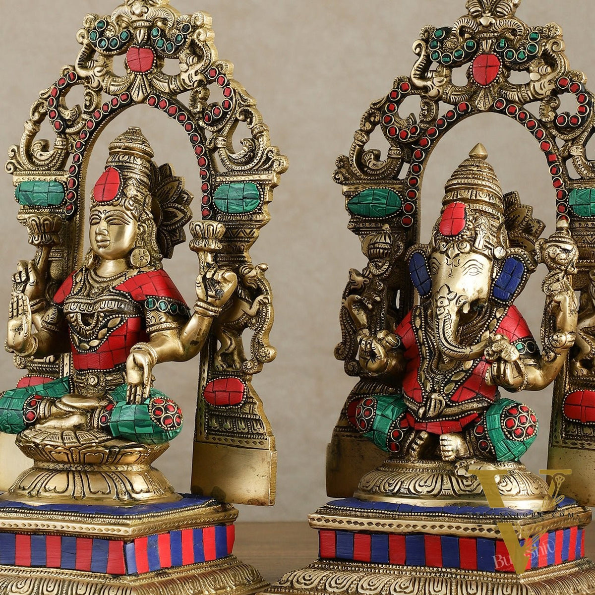 Brass Lord Ganesha and Goddess Lakshmi Idols with meenakari Stonework 12 inch