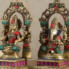 Brass Lord Ganesha and Goddess Lakshmi Idols with meenakari Stonework 12 inch