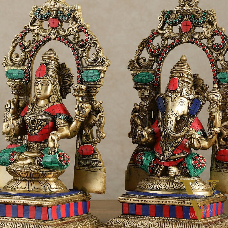 Brass Lord Ganesha and Goddess Lakshmi Idols with meenakari Stonework 12 inch