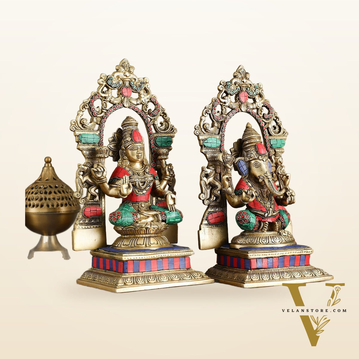 Brass Lord Ganesha and Goddess Lakshmi Idols with meenakari Stonework 12 inch