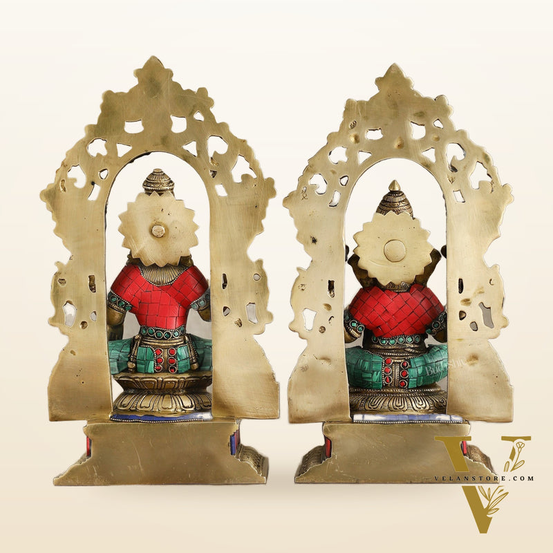 Brass Lord Ganesha and Goddess Lakshmi Idols with meenakari Stonework 12 inch