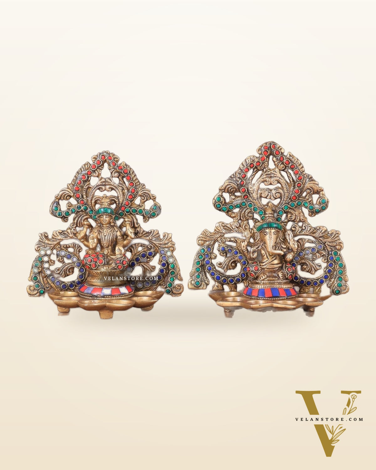 Brass Lord Ganesha and Goddess Lakshmi Panchdeep with stonework