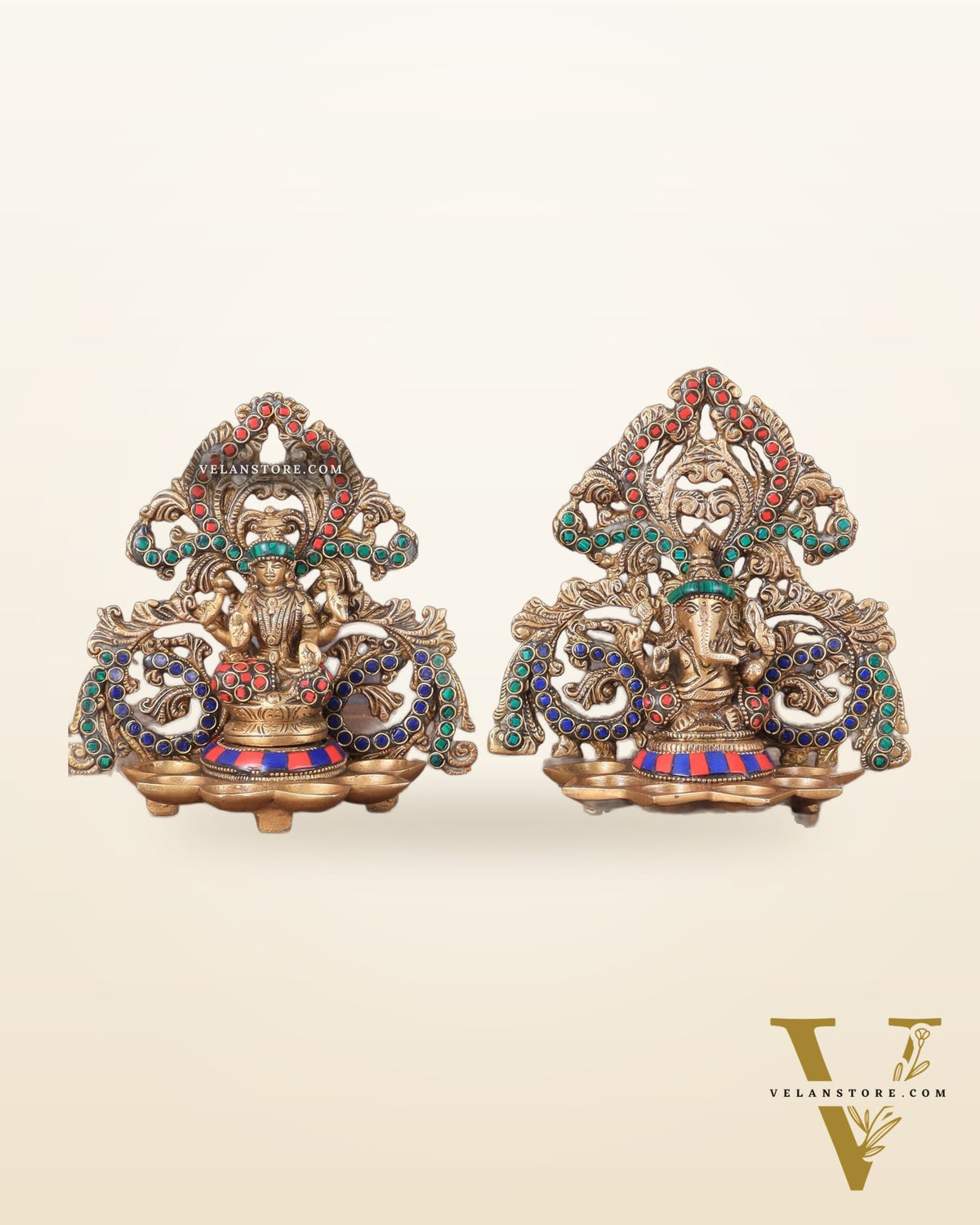 Brass Lord Ganesha and Goddess Lakshmi Panchdeep with stonework