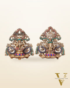 Brass Lord Ganesha and Goddess Lakshmi Panchdeep with stonework