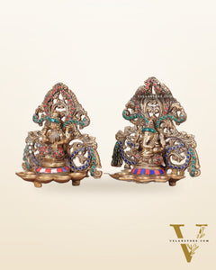 Brass Lord Ganesha and Goddess Lakshmi Panchdeep with stonework
