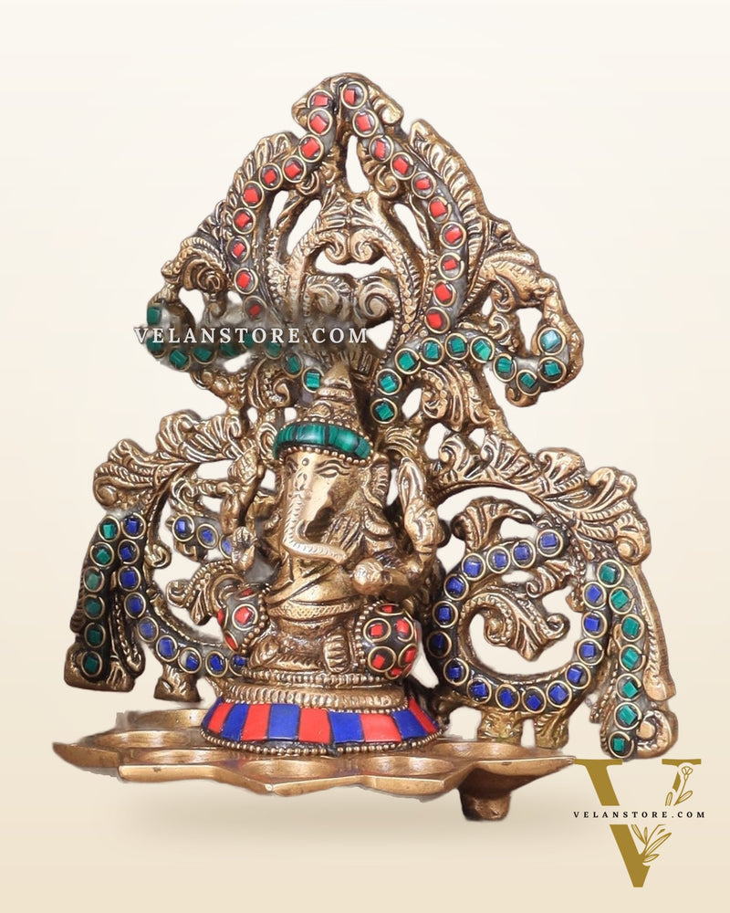 Brass Lord Ganesha and Goddess Lakshmi Panchdeep with stonework
