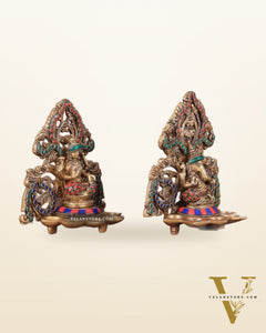 Brass Lord Ganesha and Goddess Lakshmi Panchdeep with stonework