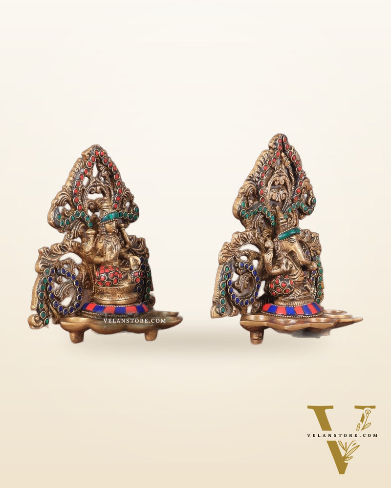 Brass Lord Ganesha and Goddess Lakshmi Panchdeep with stonework