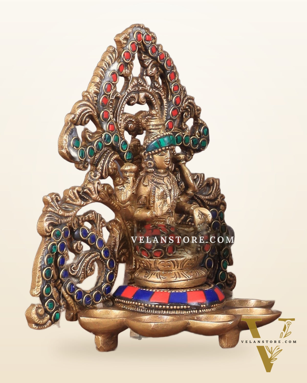 Brass Lord Ganesha and Goddess Lakshmi Panchdeep with stonework