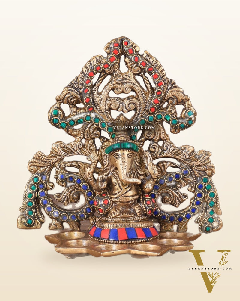 Brass Lord Ganesha and Goddess Lakshmi Panchdeep with stonework