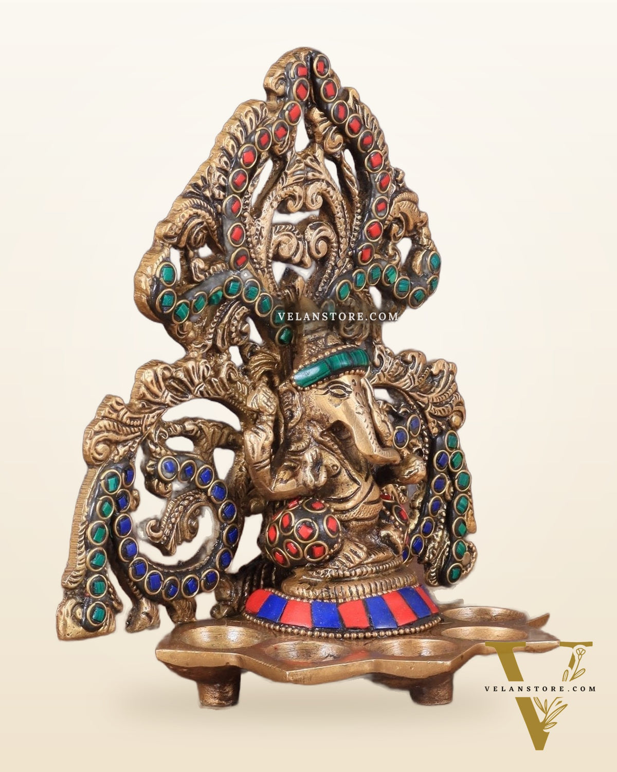 Brass Lord Ganesha and Goddess Lakshmi Panchdeep with stonework