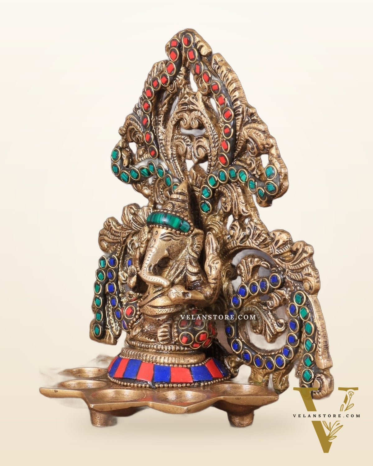Brass Lord Ganesha and Goddess Lakshmi Panchdeep with stonework