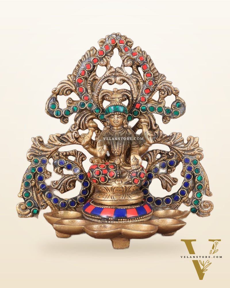 Brass Lord Ganesha and Goddess Lakshmi Panchdeep with stonework