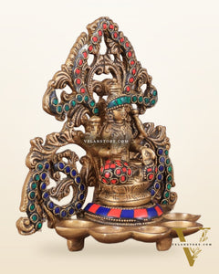 Brass Lord Ganesha and Goddess Lakshmi Panchdeep with stonework
