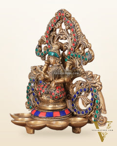 Brass Lord Ganesha and Goddess Lakshmi Panchdeep with stonework