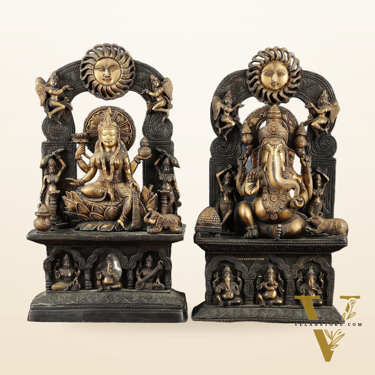 Brass Lord Ganesha and Goddess Lakshmi Statue Pair – 20" Height, Antique Chola Style, Dual-Tone Finish