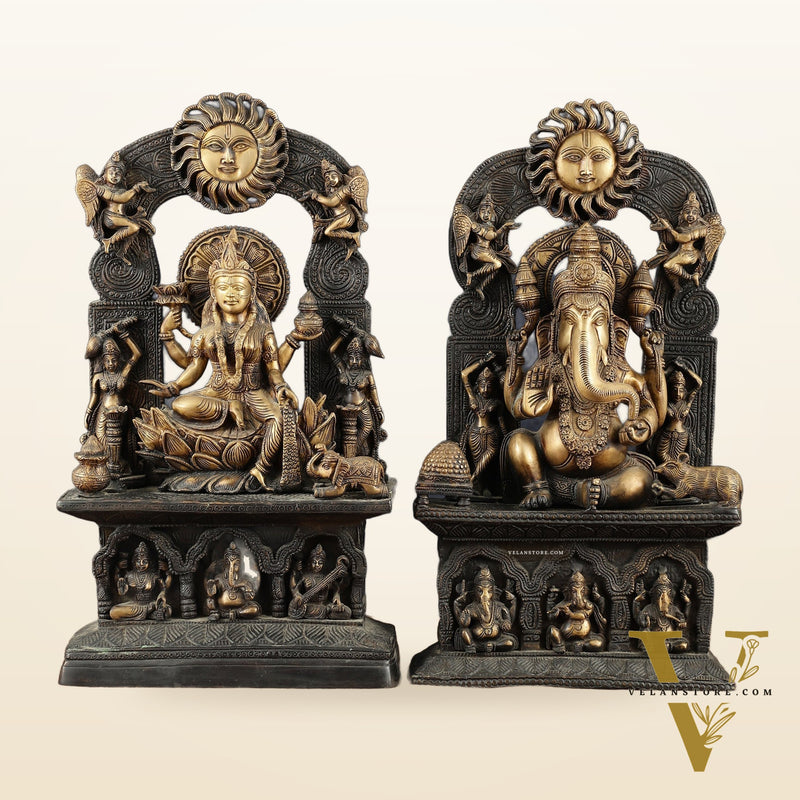 Brass Lord Ganesha and Goddess Lakshmi Statue Pair – 20" Height, Antique Chola Style, Dual-Tone Finish