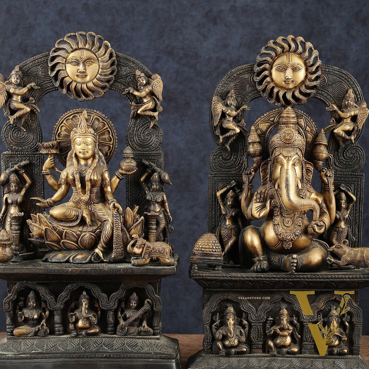 Brass Lord Ganesha and Goddess Lakshmi Statue Pair – 20" Height, Antique Chola Style, Dual-Tone Finish