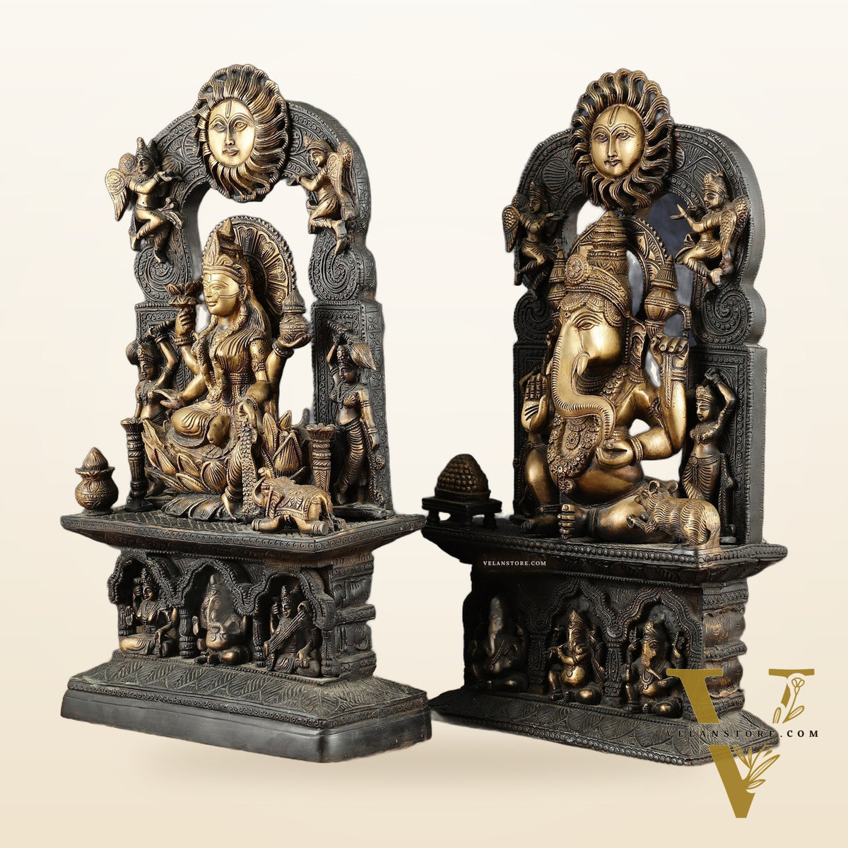 Brass Lord Ganesha and Goddess Lakshmi Statue Pair – 20" Height, Antique Chola Style, Dual-Tone Finish