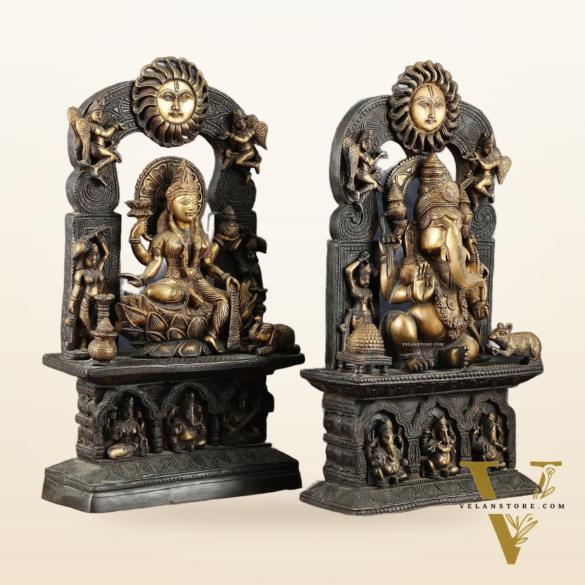 Brass Lord Ganesha and Goddess Lakshmi Statue Pair – 20" Height, Antique Chola Style, Dual-Tone Finish