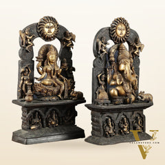 Brass Lord Ganesha and Goddess Lakshmi Statue Pair – 20" Height, Antique Chola Style, Dual-Tone Finish