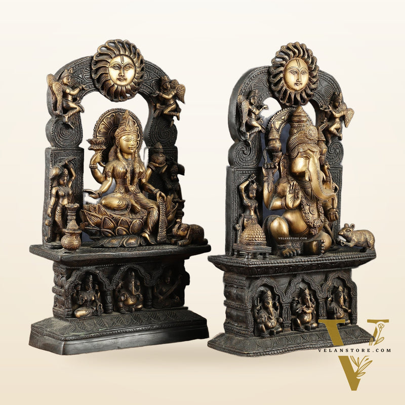 Brass Lord Ganesha and Goddess Lakshmi Statue Pair – 20" Height, Antique Chola Style, Dual-Tone Finish