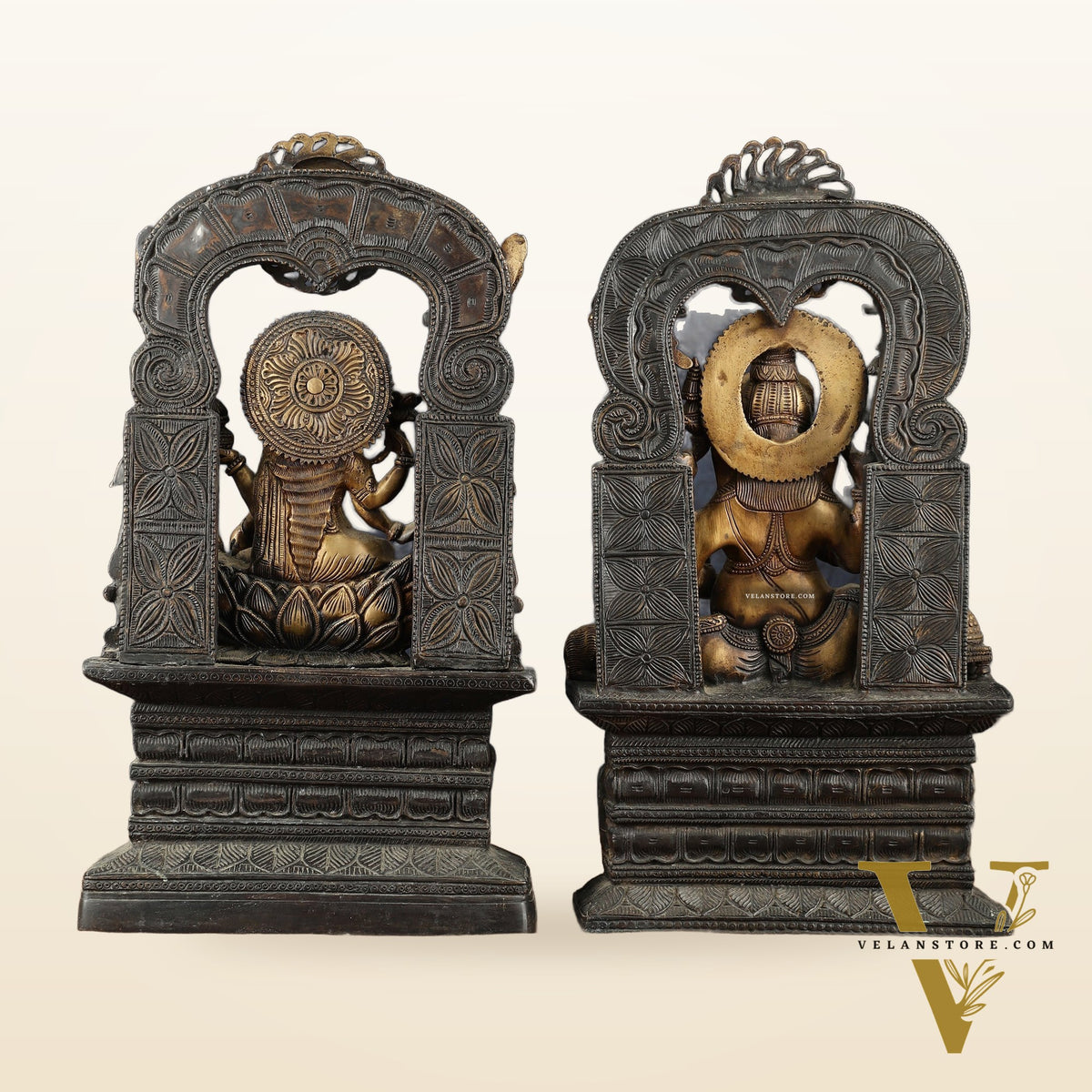 Brass Lord Ganesha and Goddess Lakshmi Statue Pair – 20" Height, Antique Chola Style, Dual-Tone Finish