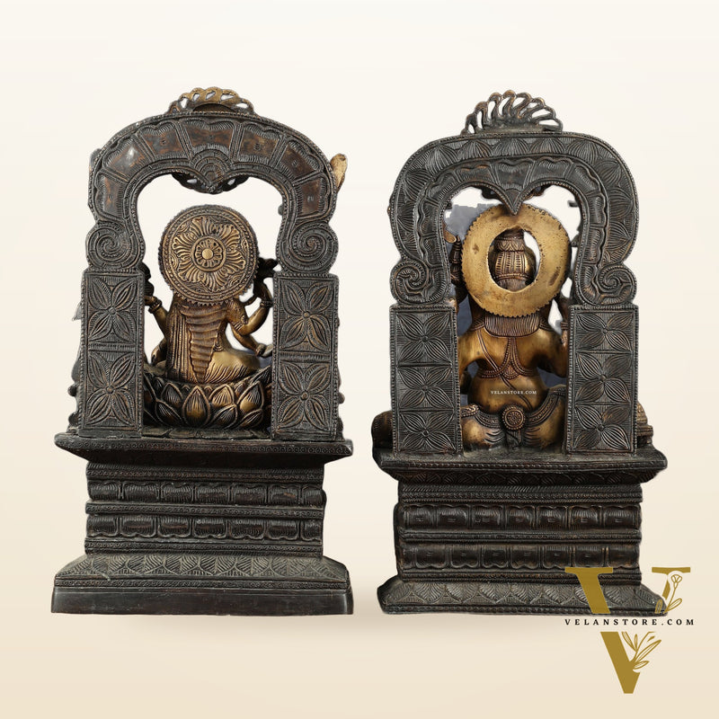 Brass Lord Ganesha and Goddess Lakshmi Statue Pair – 20" Height, Antique Chola Style, Dual-Tone Finish