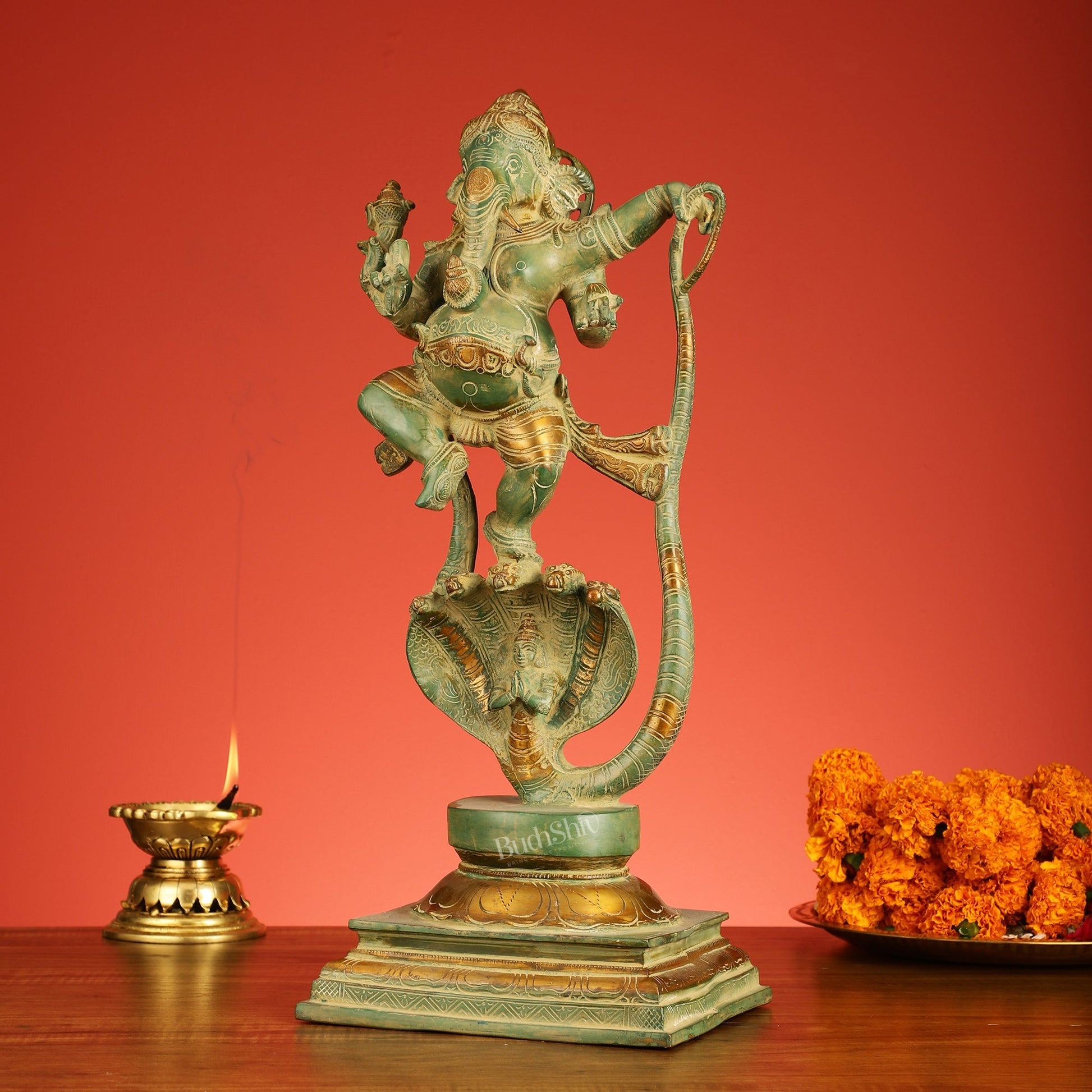 Brass Lord Ganesha dancing on snake 20 "