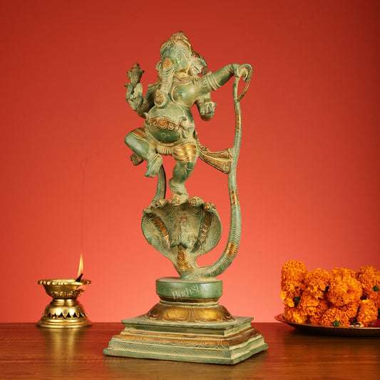 Brass Lord Ganesha dancing on snake 20 "