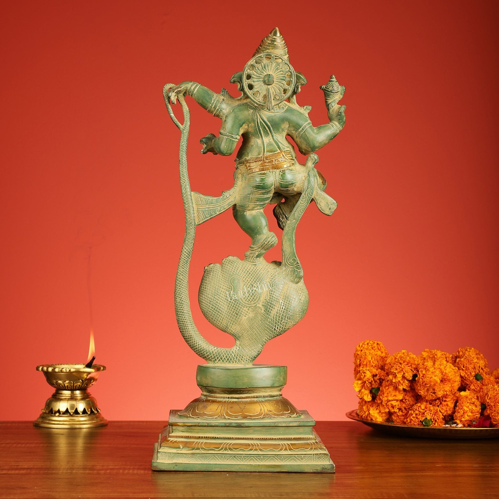 Brass Lord Ganesha dancing on snake 20 "