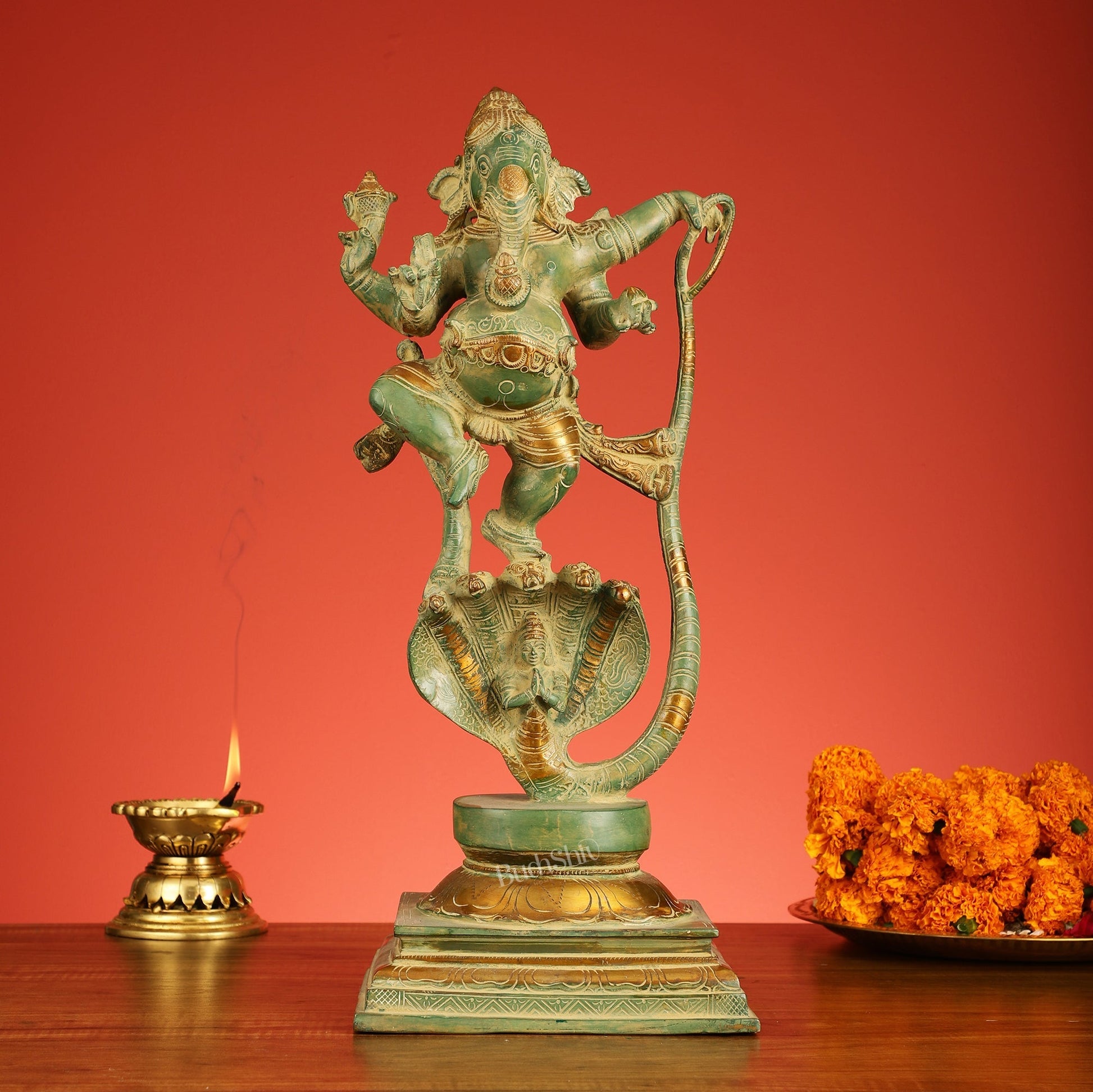 Brass Lord Ganesha dancing on snake 20 "