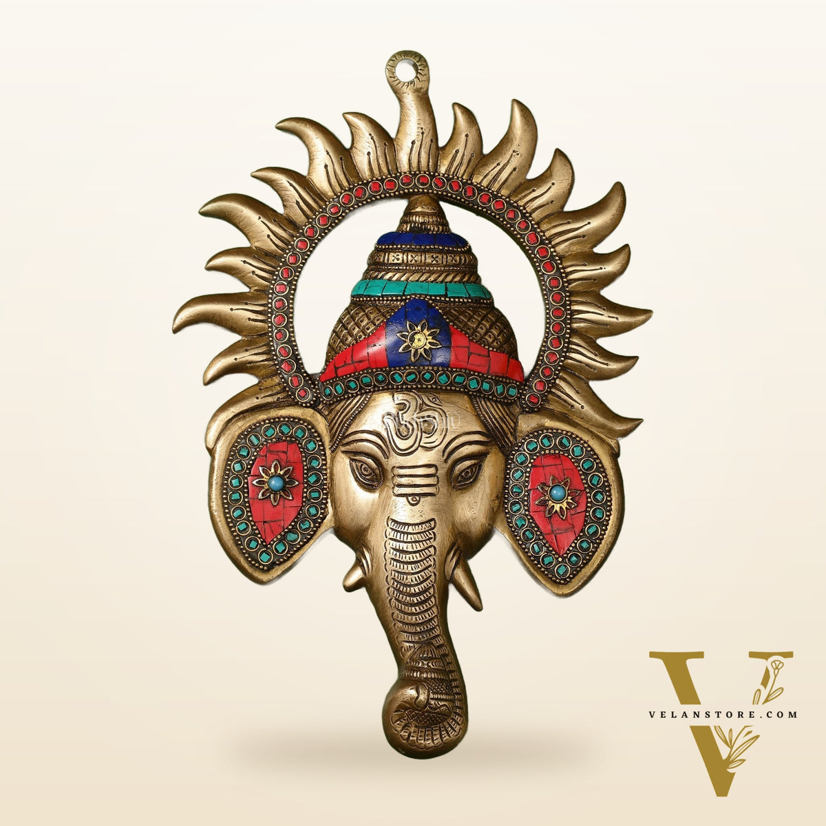 Brass Lord Ganesha Face Wall Hanging with Stonework - 11x7.5 inch