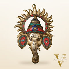 Brass Lord Ganesha Face Wall Hanging with Stonework - 11x7.5 inch