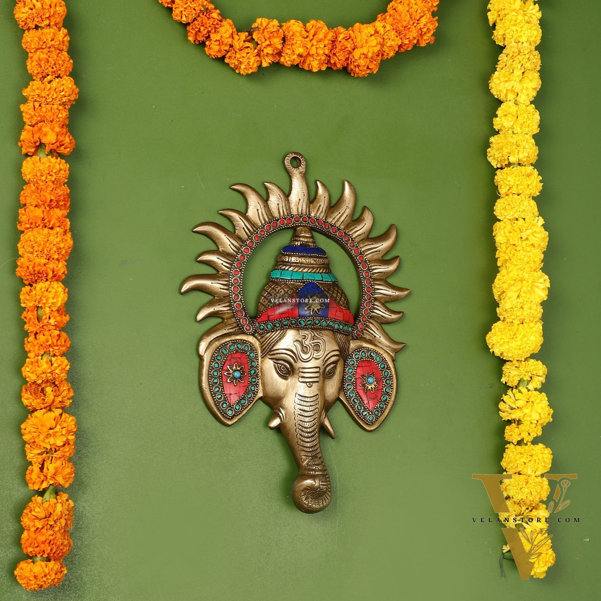 Brass Lord Ganesha Face Wall Hanging with Stonework - 11x7.5 inch