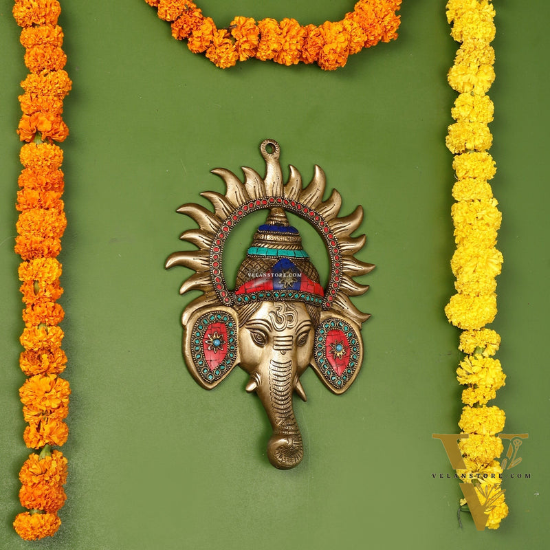 Brass Lord Ganesha Face Wall Hanging with Stonework - 11x7.5 inch