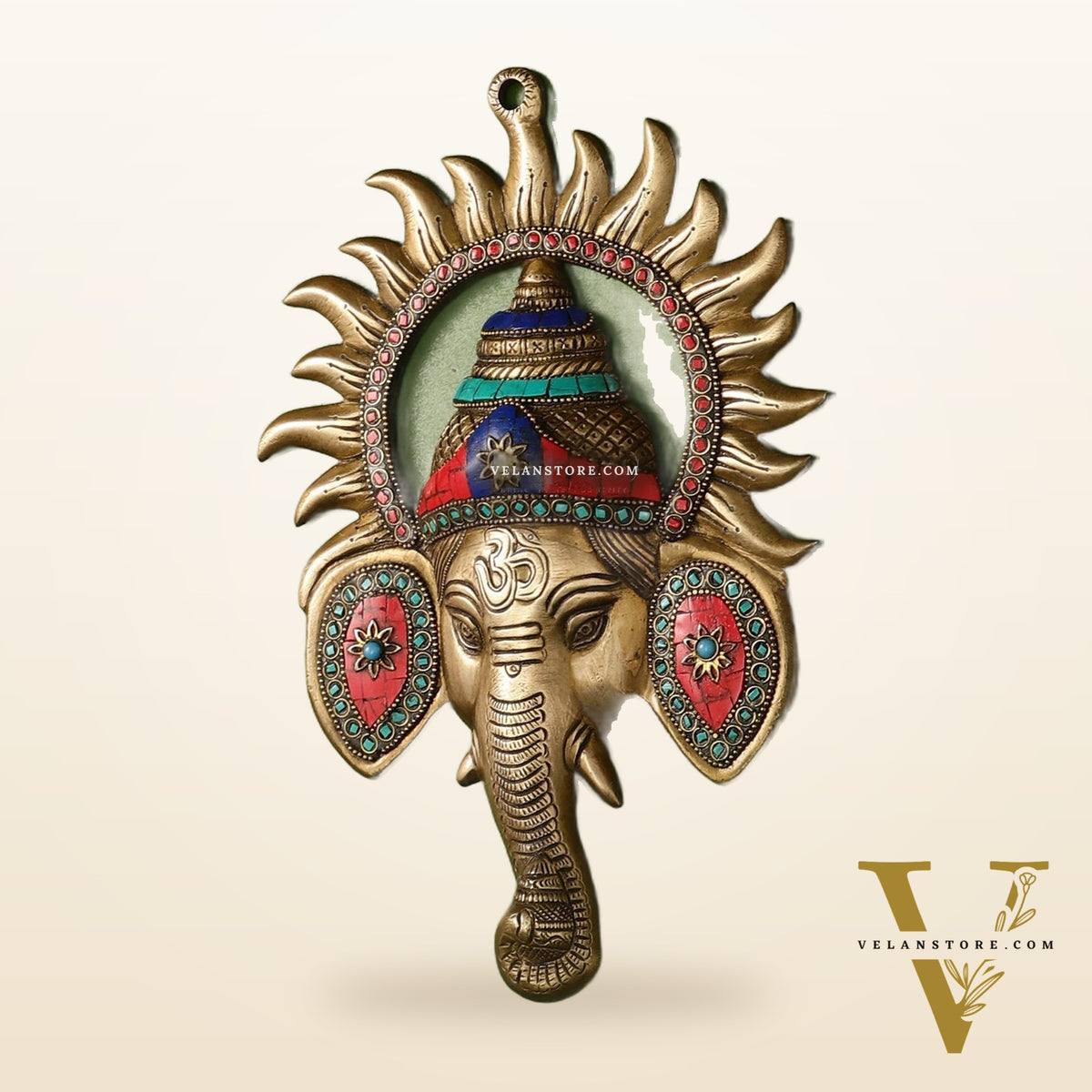 Brass Lord Ganesha Face Wall Hanging with Stonework - 11x7.5 inch