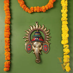 Brass Lord Ganesha Face Wall Hanging with Stonework - 11x7.5 inch