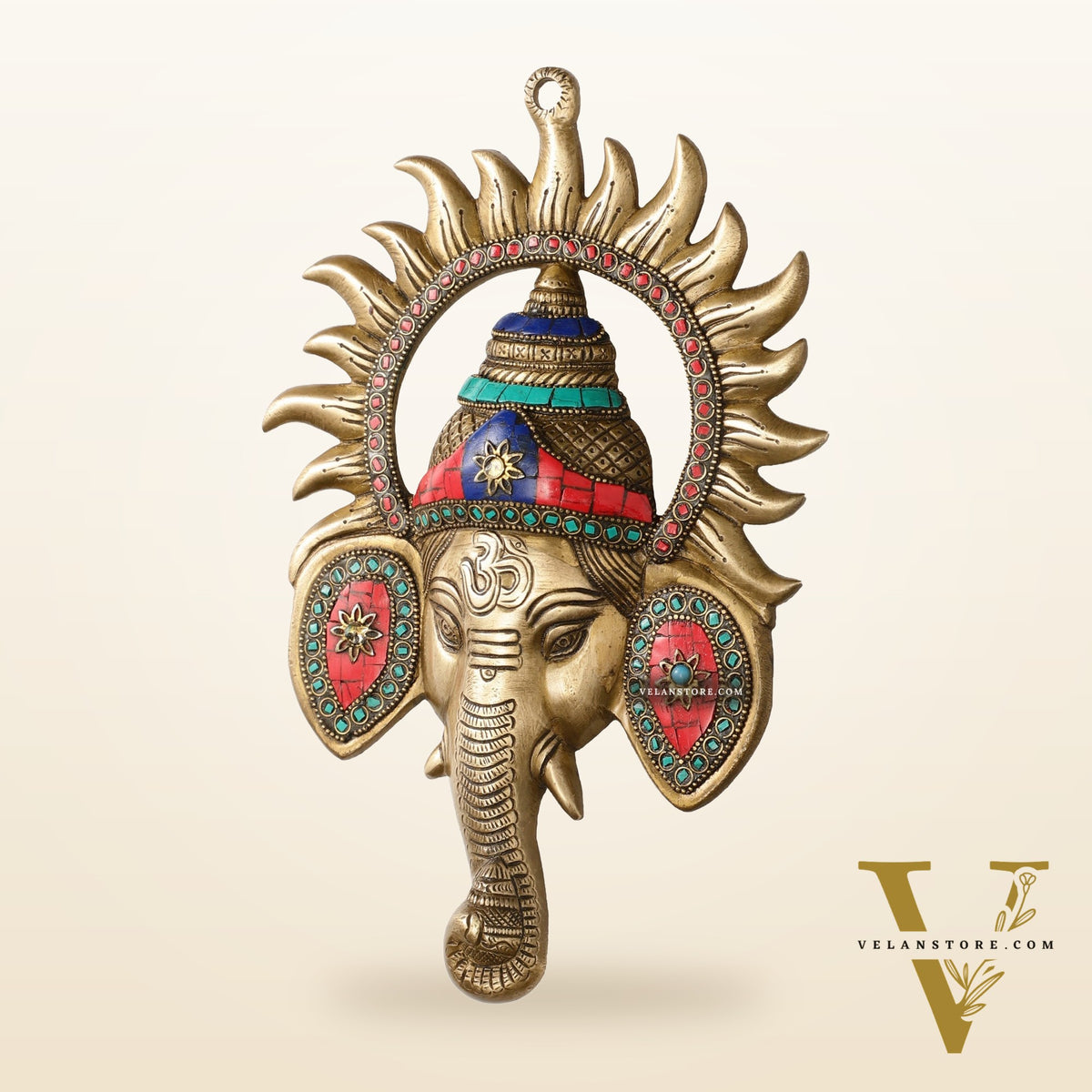 Brass Lord Ganesha Face Wall Hanging with Stonework - 11x7.5 inch