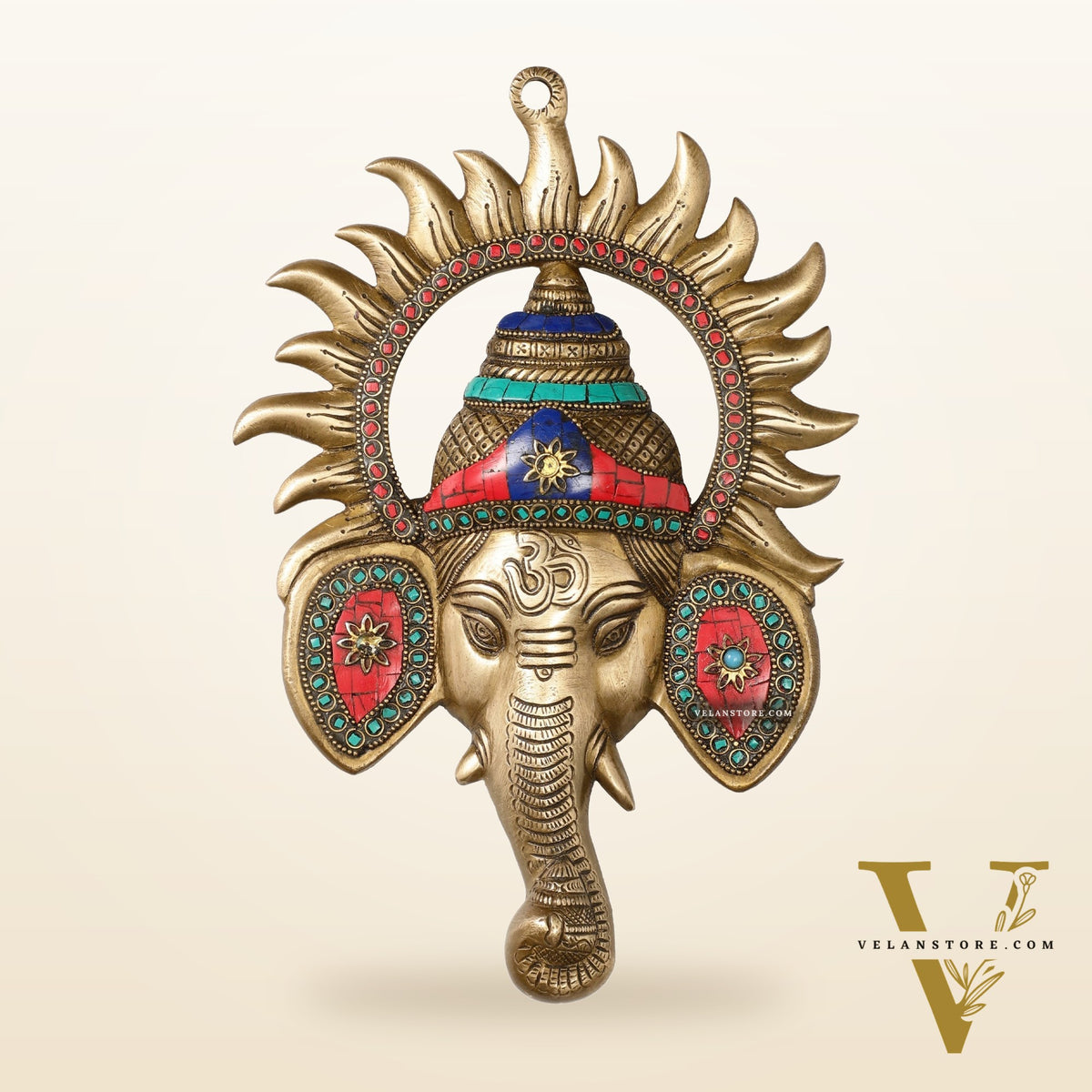 Brass Lord Ganesha Face Wall Hanging with Stonework - 11x7.5 inch