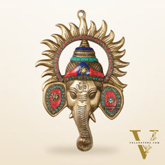 Brass Lord Ganesha Face Wall Hanging with Stonework - 11x7.5 inch