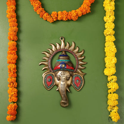 Brass Lord Ganesha Face Wall Hanging with Stonework - 11x7.5 inch