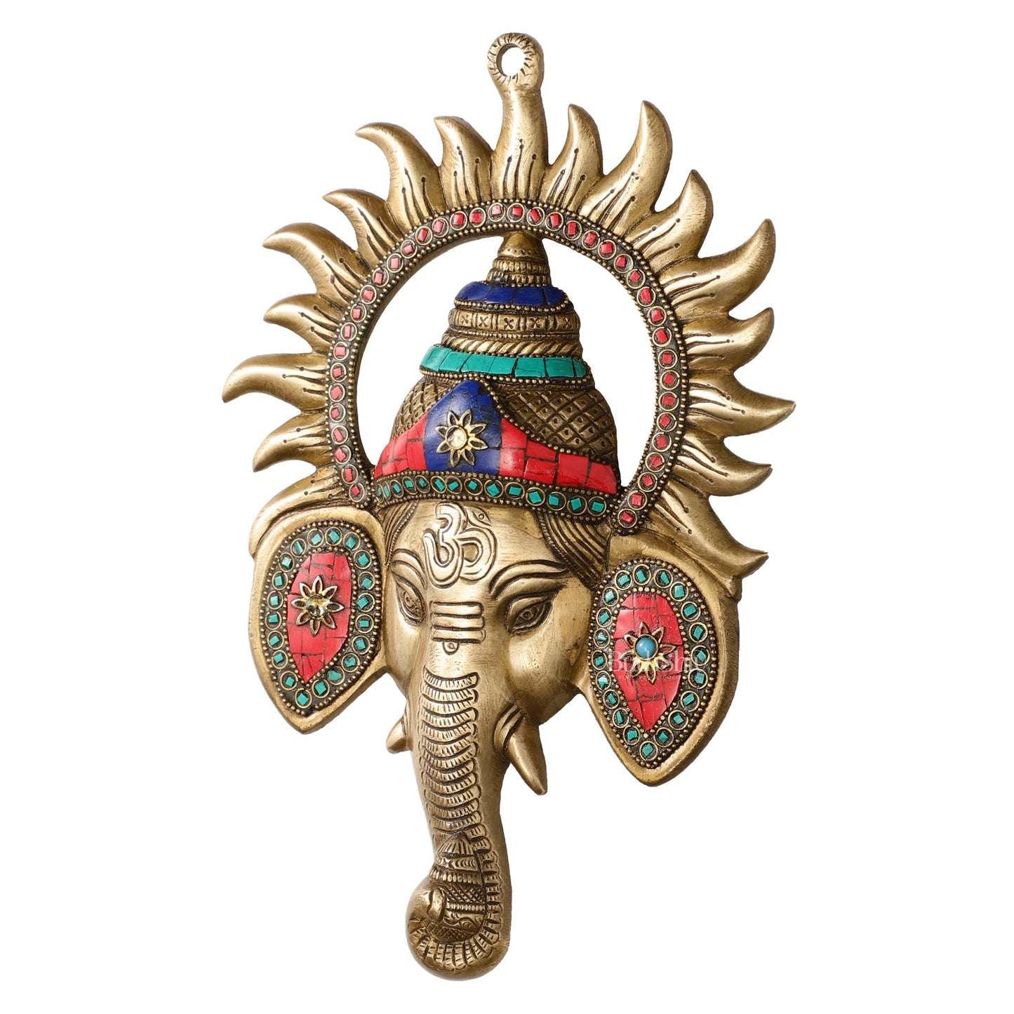 Brass Lord Ganesha Face Wall Hanging with Stonework - 11x7.5 inch